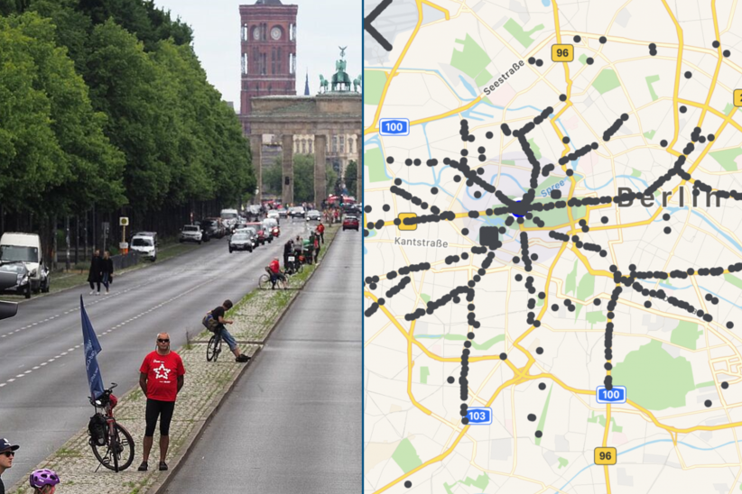 Im linken Bild sieht man Menschen mit Fahrrad auf Abstand an der Straße des 17. Juni stehen, rechts ist eine Karte von Berlin, die über die Stadt verteilt Sternförmig Radfahrende symbolisiert. 