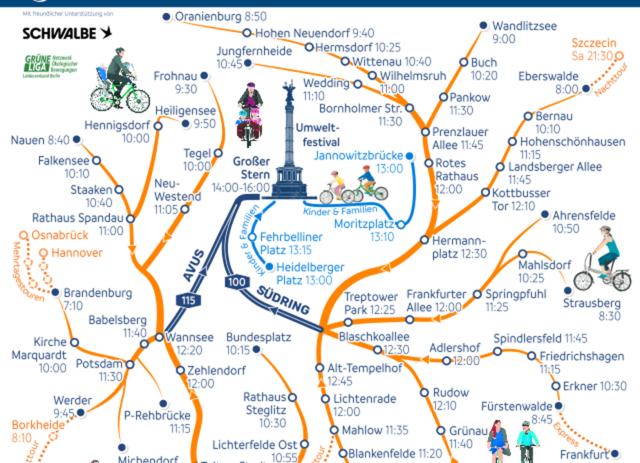 Routen-Spinne und Treffpunkt-Zeiten der ADFC-Sternfahrt 2025 Routen-Spinne und Treffpunkt-Zeiten der ADFC-Sternfahrt 2025