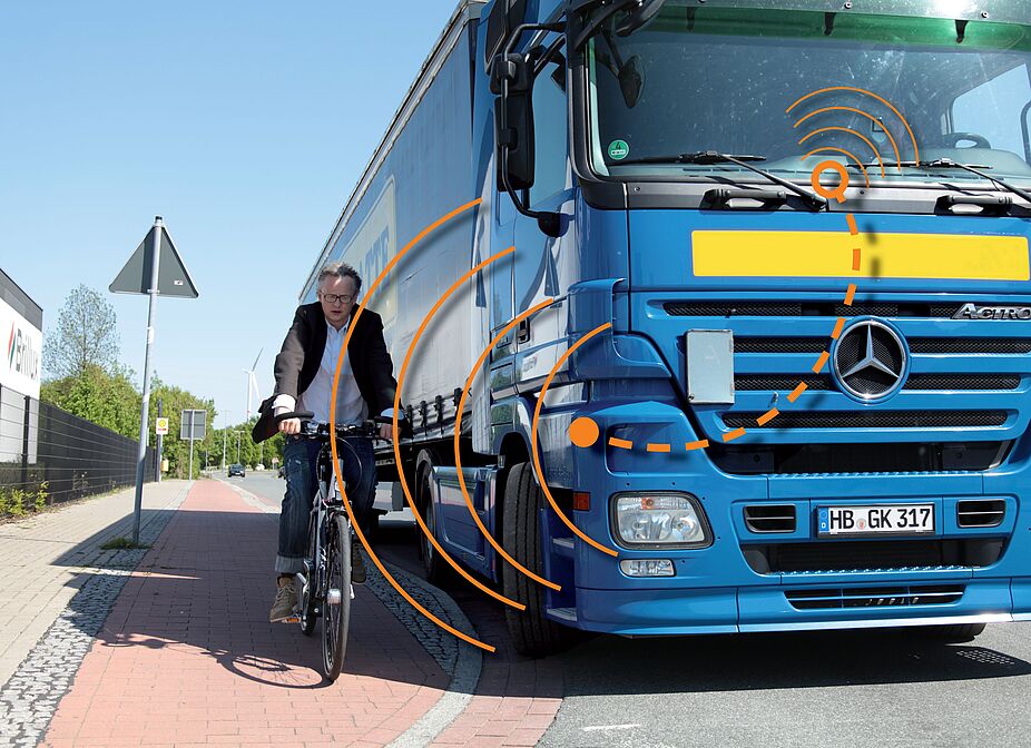 Radfahrer und LKW-Abbiegeassistent mit Signal LKW-Abbiegeassistent mit Signal