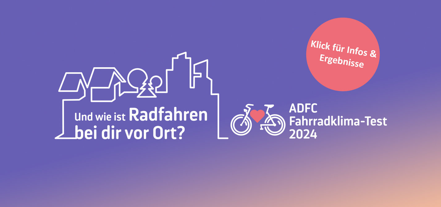 ADFC Fahrradklima-Test 2024 Ergebnisse. Violetter Hintergrund mit weißer Stadtsilhouette. Text: 'Und wie ist Radfahren bei dir vor Ort?' Roter Button 'Klick für Infos & Ergebnisse'. ADFC-Logo mit Fahrrad und Herz.