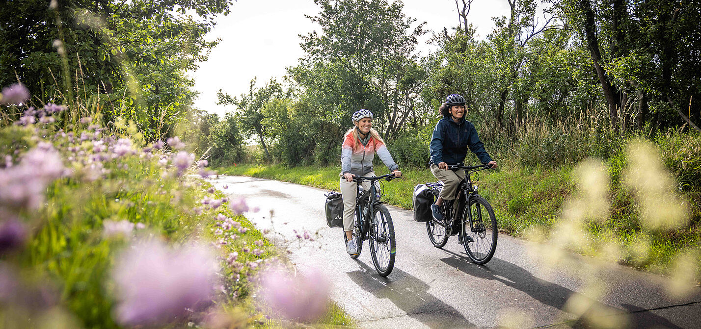 Zwei Personen auf einem Radweg in der Natur
